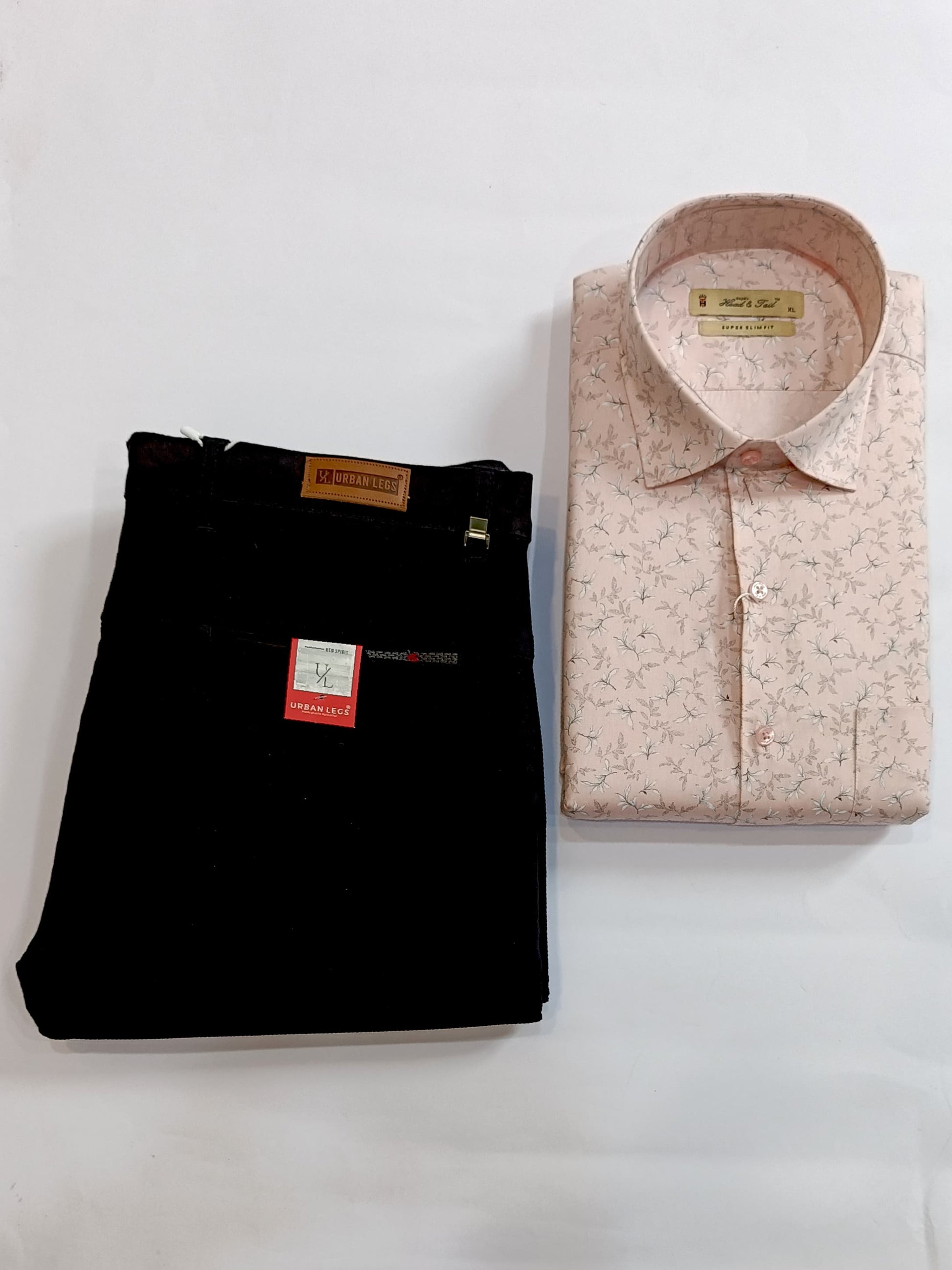 Men's Stylish Printed Formal Combo – Light Pink Shirt & Classic Black Trousers