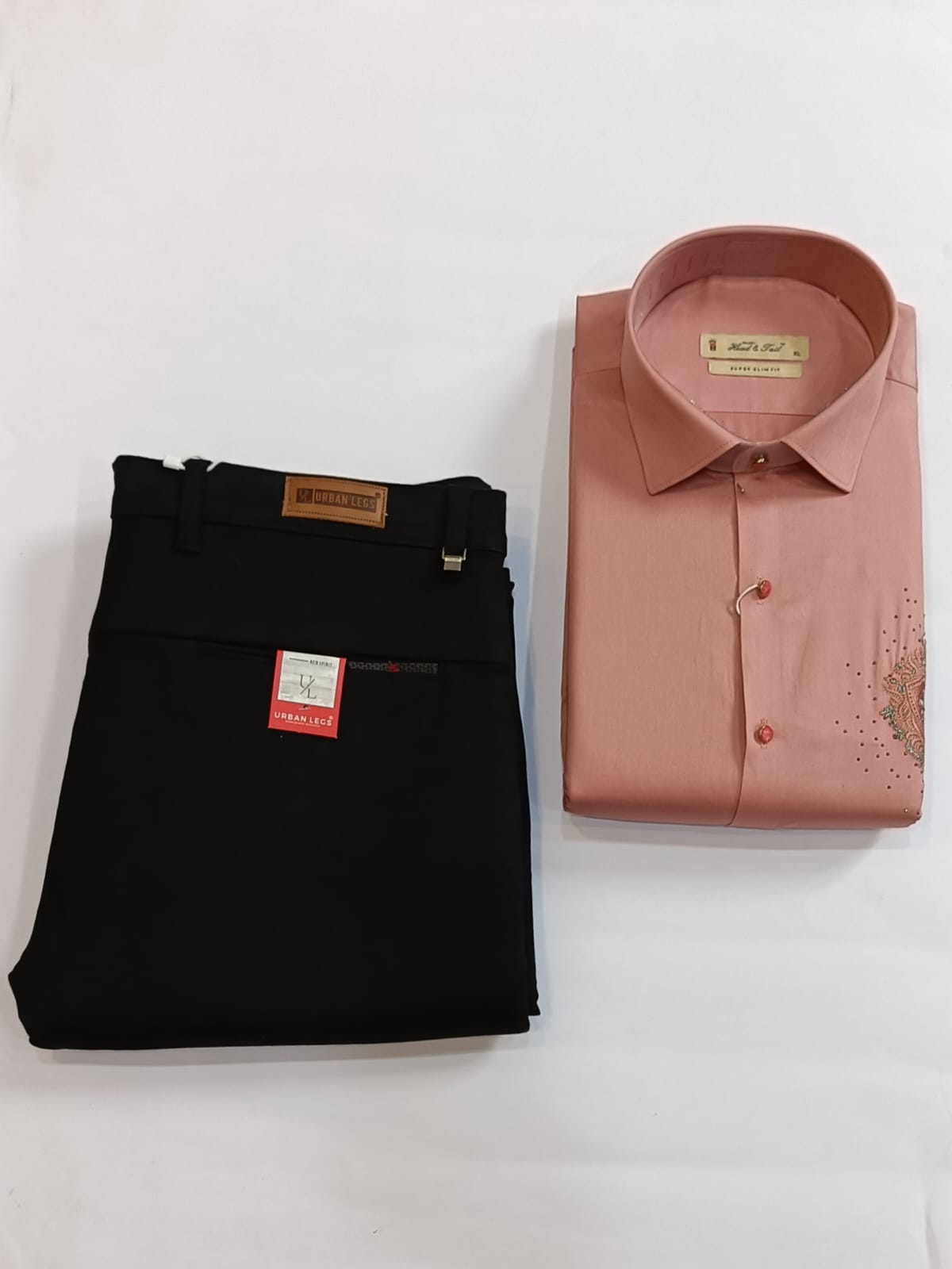 Men's Premium Formal Combo – Embroidered Peach Shirt & Classic Black Trousers