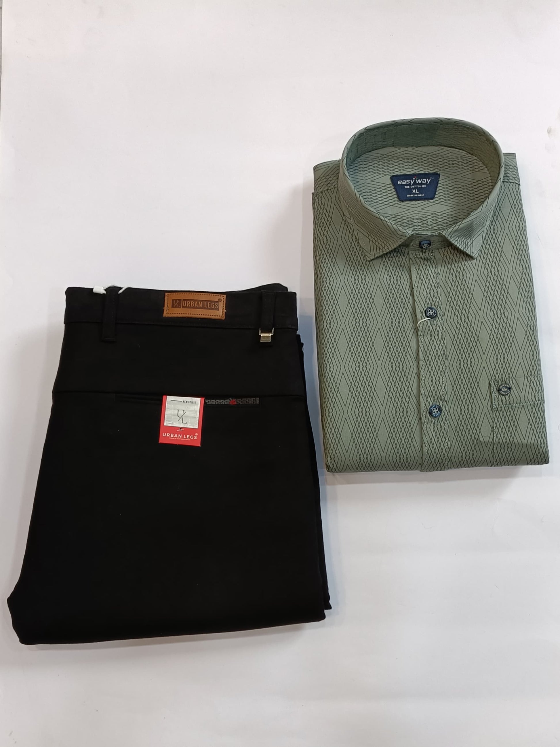 Men's Formal Combo – Olive Green Pattern Shirt & Black Trousers